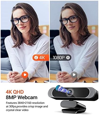 ZAUNCO Webkamera 4K-s 8 MEGAPIXELES HD Webkamera a zajszűrő Mikrofon/Adatvédelmi Borító/Állvány, Plug-and-Play USB-s Webkamera
