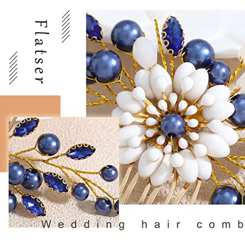 Flatser Kék Beadeds Esküvői Haj Fésű Arany Virág a Menyasszony Haját Oldalra Lépek Kristály Menyasszonyi Haj Kiegészítők
