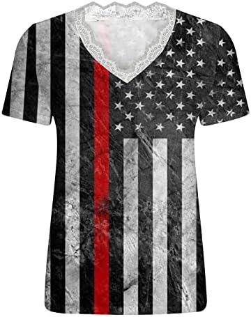 2023 Női július 4-Maximum Amerikai Zászló Nyomtatott Pólók Csipke Szegéllyel V-Nyak Hazafias Ing, Alkalmi, Laza Ünnep Blúz