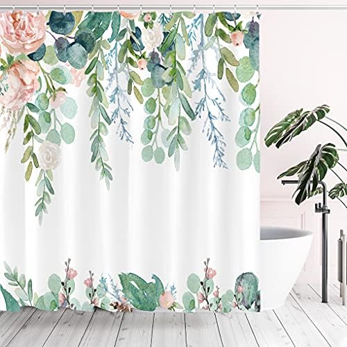Tititex Esztétikai Virágzó, Virágos Zuhanyzó Függöny Lemegy, Akvarell Rózsaszín Virágok, Zöld Levelek Trópusi Fürdőszoba