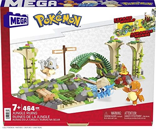 MEGA Pokémon Figura építőjáték, Dzsungel Romok 464 Darab, a Mozgás, valamint 3 Karakter, Cubone Charmander Omanyte, Ajándék