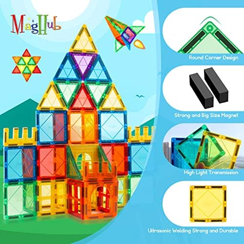 MagHub Mágneses Csempe 65 darabos Készlet Gyerekek Mágnes Játékok,Tiszta 3D Mágneses építőelem Készlet, Mágneses Egymásra