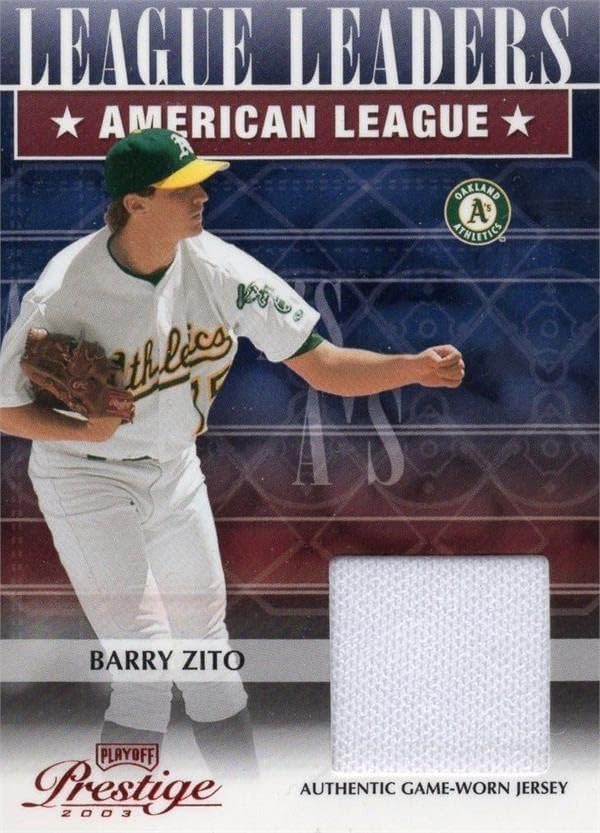 Barry Zito játékos kopott jersey-i javítás baseball kártya (Oakland Athletics) 2003 Rájátszás Prestige Liga Vezetői LL10
