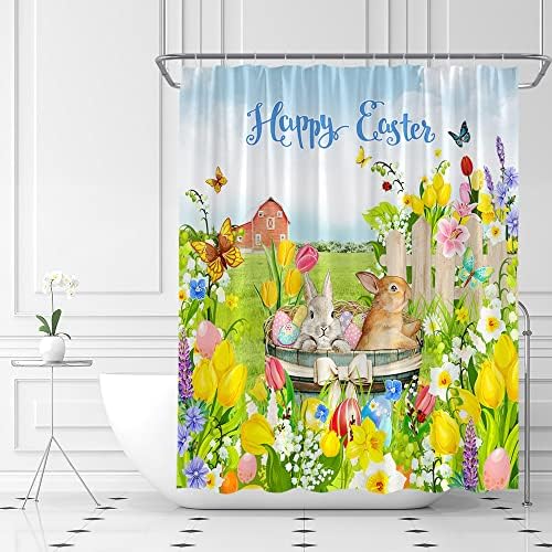 ABONAN Boldog Húsvéti zuhanyfüggöny Húsvéti Nyuszi Tojást Tulipán Virág Pillangó Tavaszi Ünnep Szövet Haza Fürdőszoba Decor