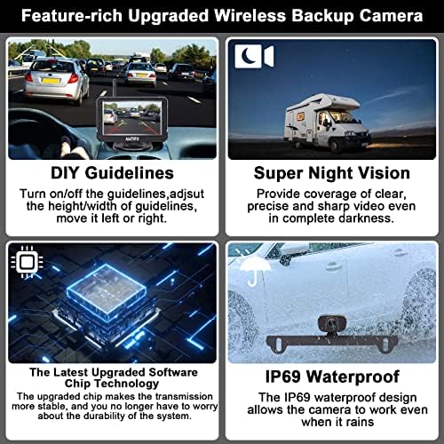AMTIFO Vezeték nélküli Biztonsági Kamera HD 1080P Autó Teherautó Bluetooth Visszapillantó 4.3 Colos Monitor Rendszer Rendszámtábla