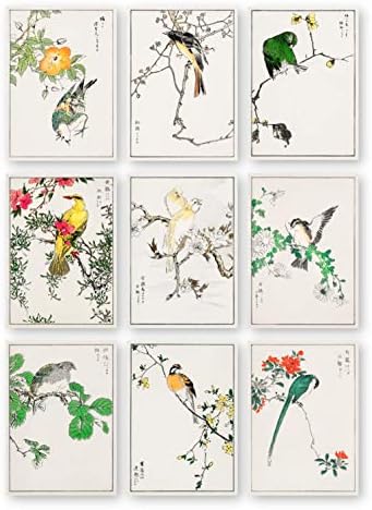 Japán Botanikus Madár képeket Tinta Inc | Ázsiai Wall Art | Virágos Fali Dekor | Set 9, 5x7 | Keretben