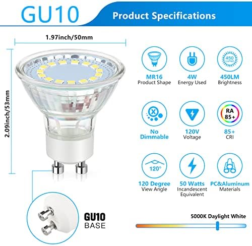 GU10 LED Izzók, 50 Wattos Halogén Egyenértékű LED Izzók, Napfény, Fehér 5000K, 450 Lumen, Nem Szabályozható, GU10 Bázis,