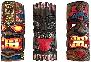 OMA Készlet (3) Tiki Maszkokat Fából készült Kézzel Készített Trópusi Polinéz Hawaii Wall Art lakberendezés, Élénk Színekkel,