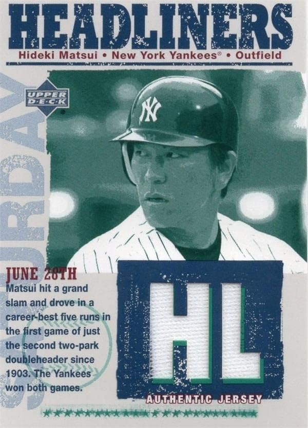 Hideki Matsui játékos kopott jersey-i javítás baseball kártya (New York Yankees, Japán) 2003 Felső szint Headliner HLHM