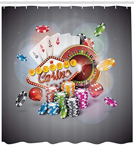 Ambesonne pókerverseny Zuhanyzó Függöny, Üdv Kaszinó Színes Chips, Kocka, Kártya, valamint Rulett Jackpot Nyerni, Szövet