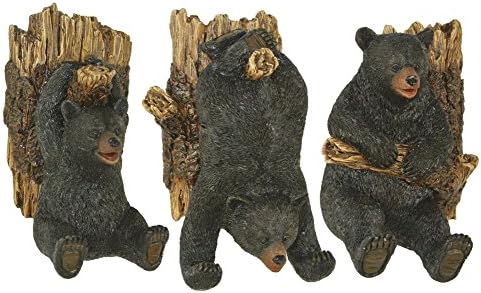 Marco Készlet Három Gyanta Fekete Medve, fatörzs, Fali Akasztó-Lodge Dekoráció