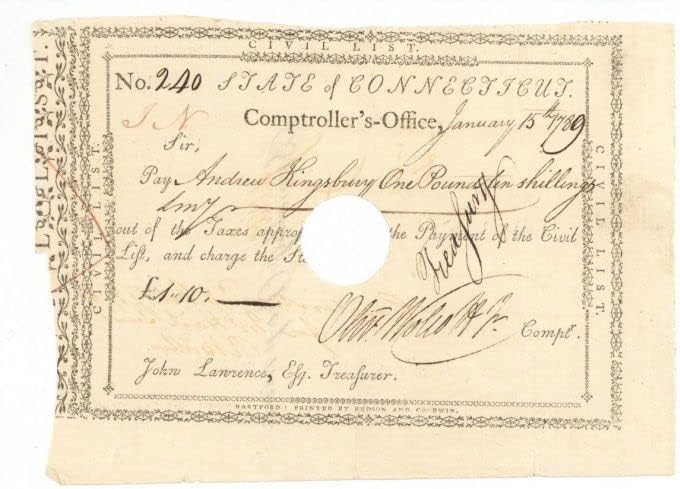 Fizetni Kiadott utasítást, hogy Andrew Szálláshely által aláírt Oliver Wolcott Jr. - Connecticut Forradalmi Háború Kötvények