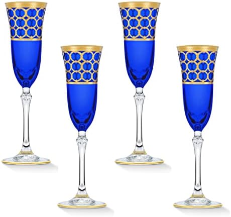Lorren Haza Trendek Kobalt Kék pezsgőspoharak, Arany Gyűrű, Készlet 4