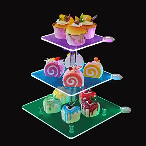 TANGSHUO 3 Szintek Szögletes Akril Cupcake Áll Újratölthető LED-Fény, Tiszta emeletes torta - Desszert-Torony - Cupcake Tier