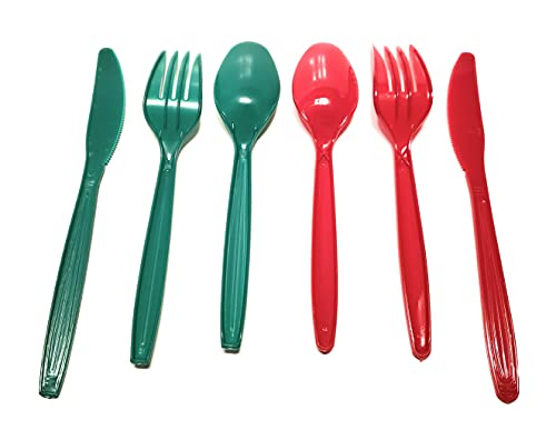 Nagy teherbírású Műanyag Evőeszköz Szett - Vörös, Zöld - 96 ct - 32 kanál, 32 villa, kés 32