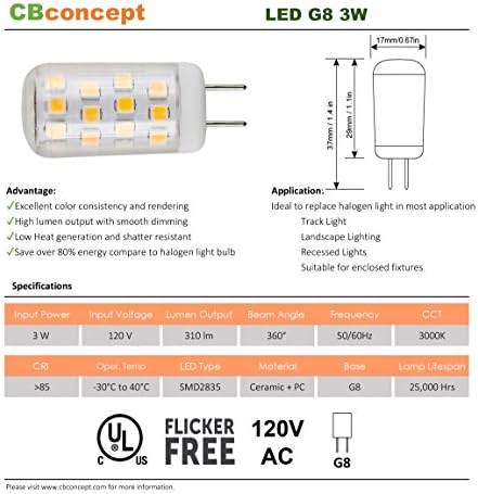 CBconcept UL, a G8-ak LED Izzó (Standard 37mm, Hossza), 2 Csomag, 3 Watt, 310 Lumen, Nem Szabályozható, Meleg Fehér 3000K,