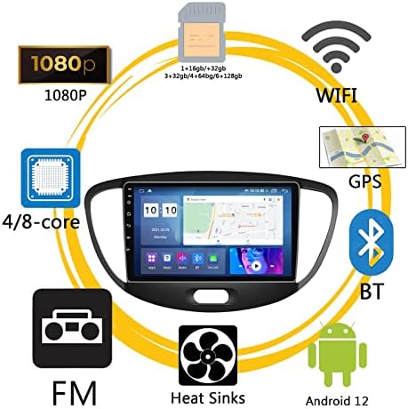 PLOKM Autó Sztereó Android 12 Hyundai i10 2007-2013 9 Hüvelykes IPS Érintőképernyő autórádió Vezeték nélküli Apple Carplay,