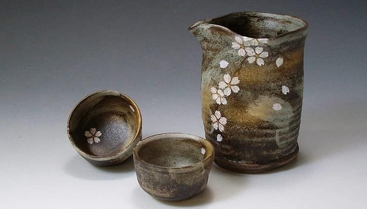 Kyo-yaki. Japán Szaké guinomi kupa, tokkuri üveg virágok. Papír dobozban. kerámia.
